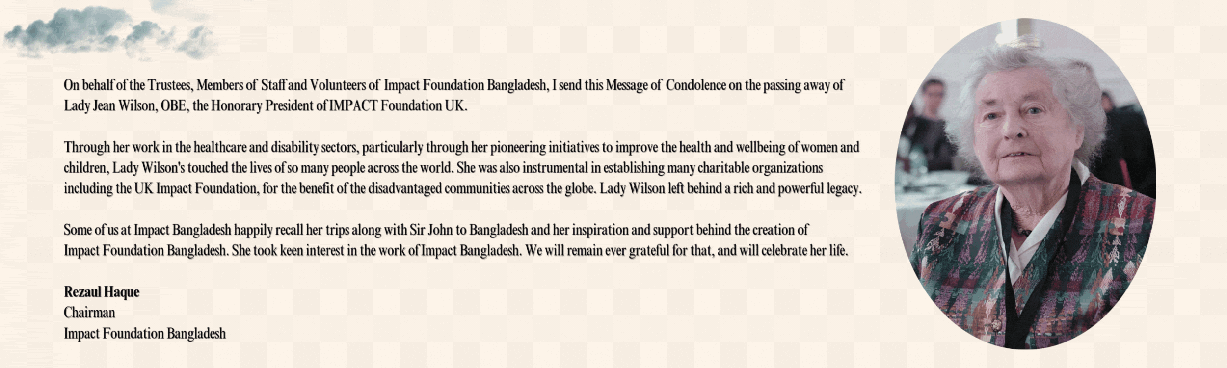 Message of Condolence Lady Jean Wilson